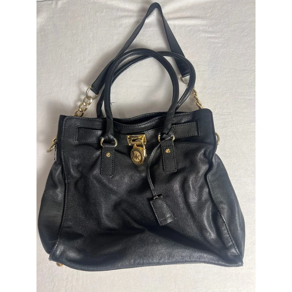 Michael Kors Hamilton Satchel Wm Large Black Leather Gold Hardware Tote Bag